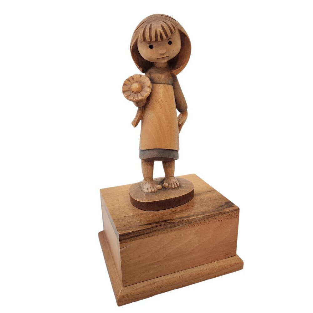 Vintage Reuge Wooden Music Box Girl Flower Figurine Swiss Made What Now My Love